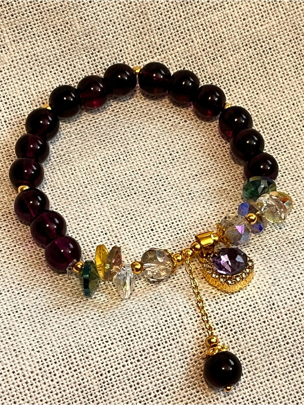 Beautiful Gold Accent Purple Bead Stretch Bracelet with Crystal Charm